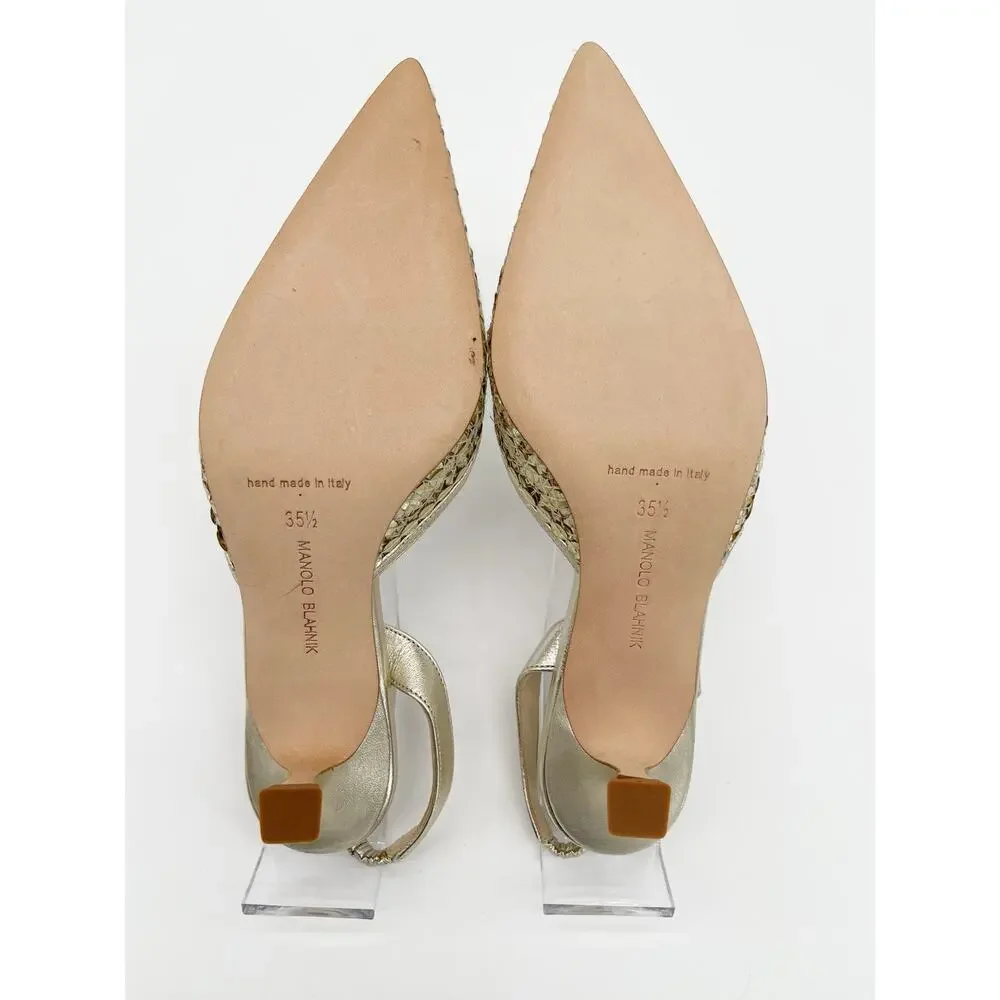 Manolo Blahnik Carolmour Gold Leather Sequin Pointed Toe Slingback Heels IT 35.5
